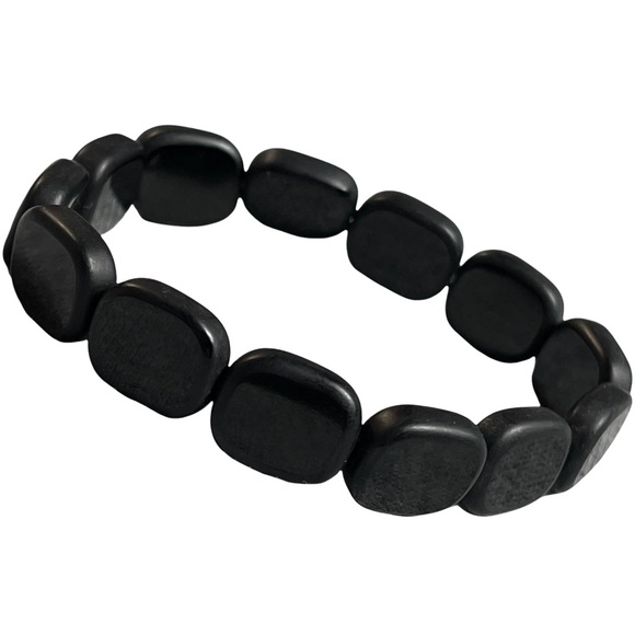 Black square-ish retro jet window glass stretchy beaded bracelet. NEW - Picture 4 of 5